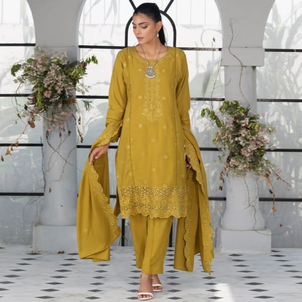 3 pc Ready to wear Winter Dhank Suit |Mustard