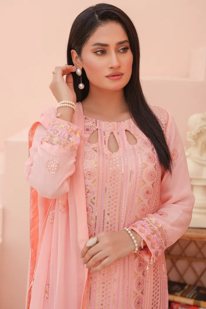 Pakistani Women’s Party Wear 3-Piece Suit – Chiffon, Pink | Designer Rack