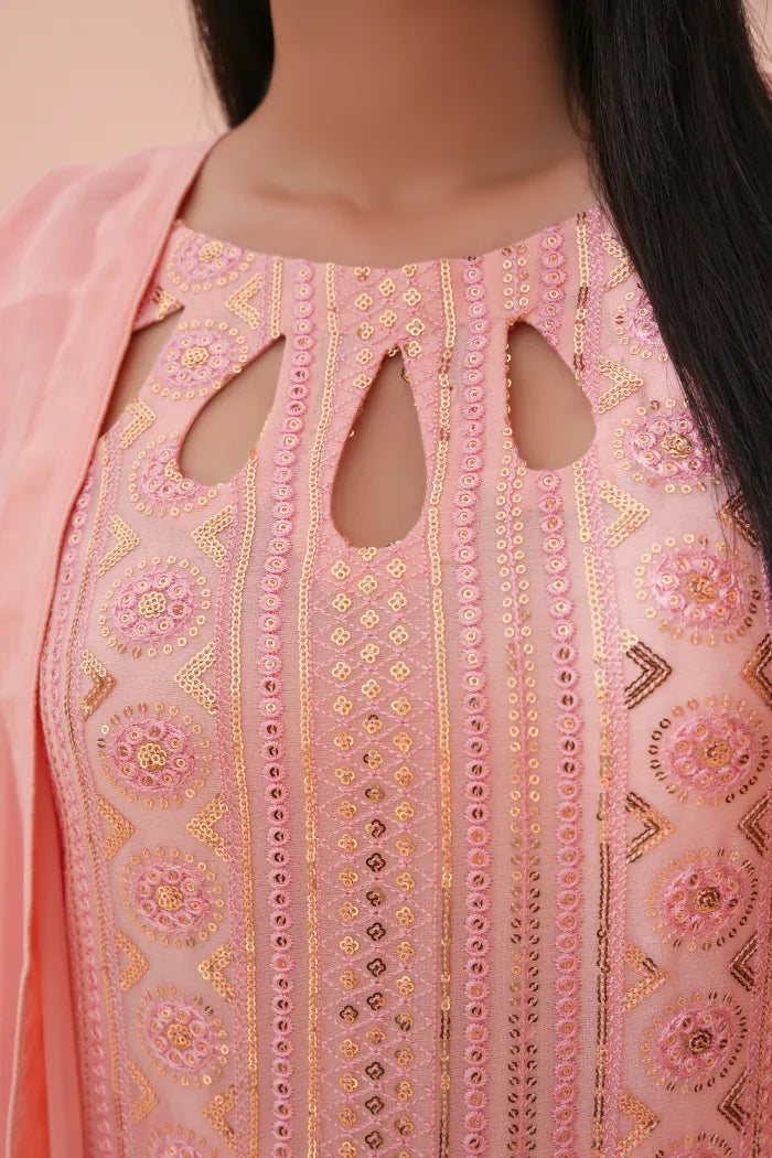 Pakistani Women’s Party Wear 3-Piece Suit – Chiffon, Pink | Designer Rack