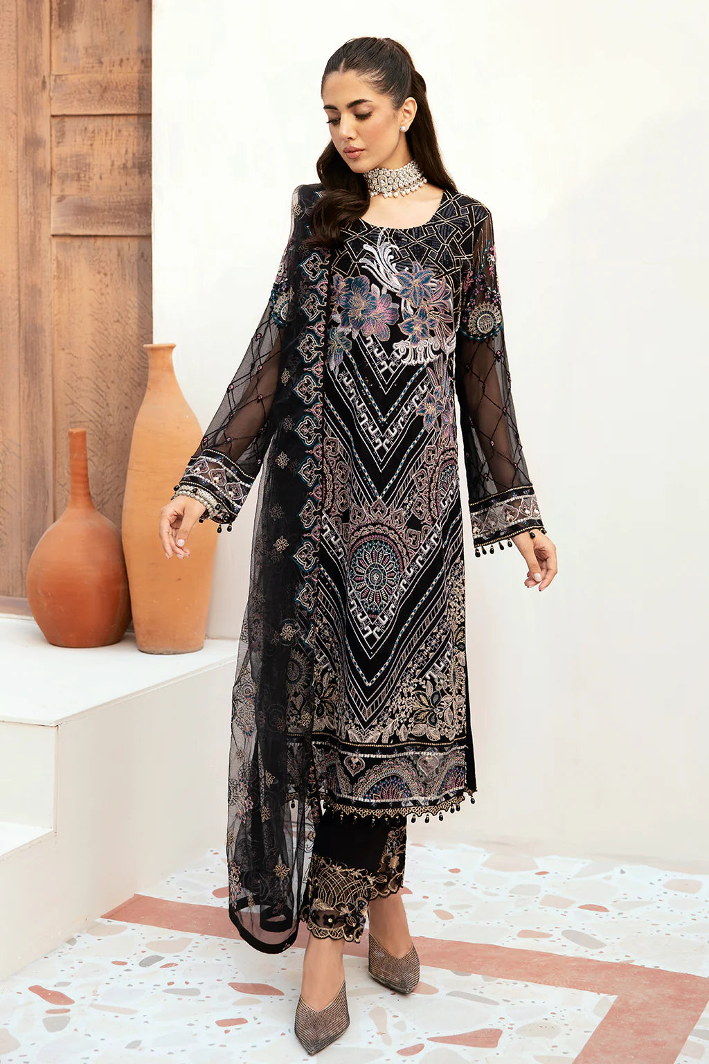Pakistani Ladies suit Party wear Chiffon by Ramsha-1457-Black