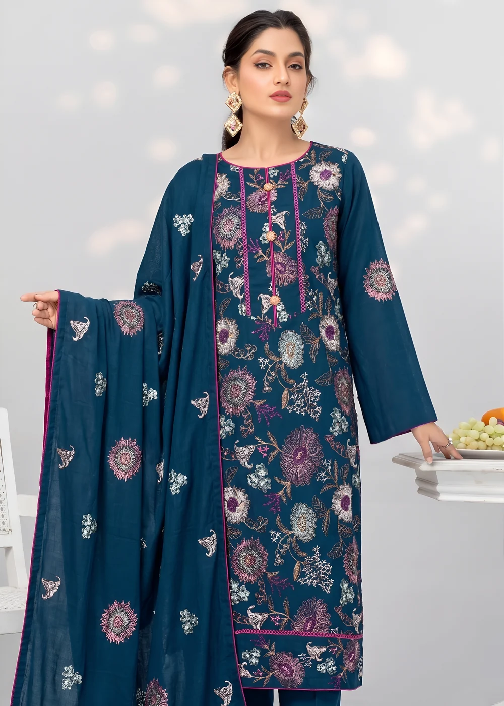 Pakistani Women’s Casual Winter Wear 3-Piece Embroidered  Suit – Dhanak, Teal | 1478 | Designer Rack