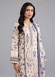 Pakistani Women's Casual Wear 3 pc Printed Embroided Cream Suit | 1502 | Designer Rack