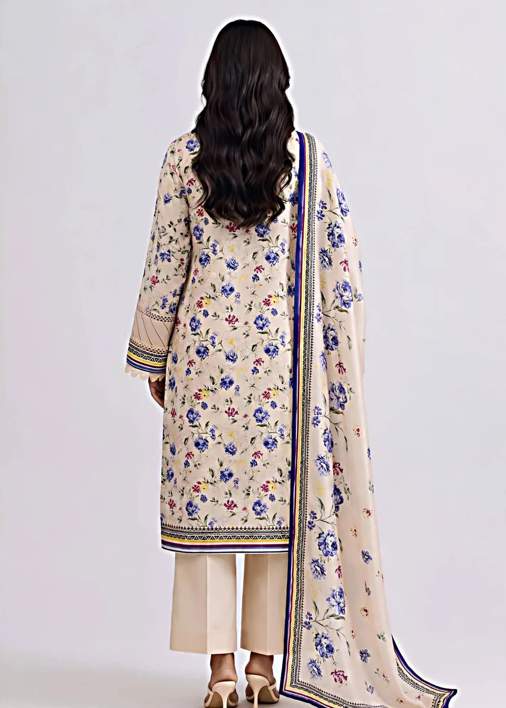 Pakistani Women's Casual Wear 3 pc Printed Embroided Cream Suit | 1502 | Designer Rack