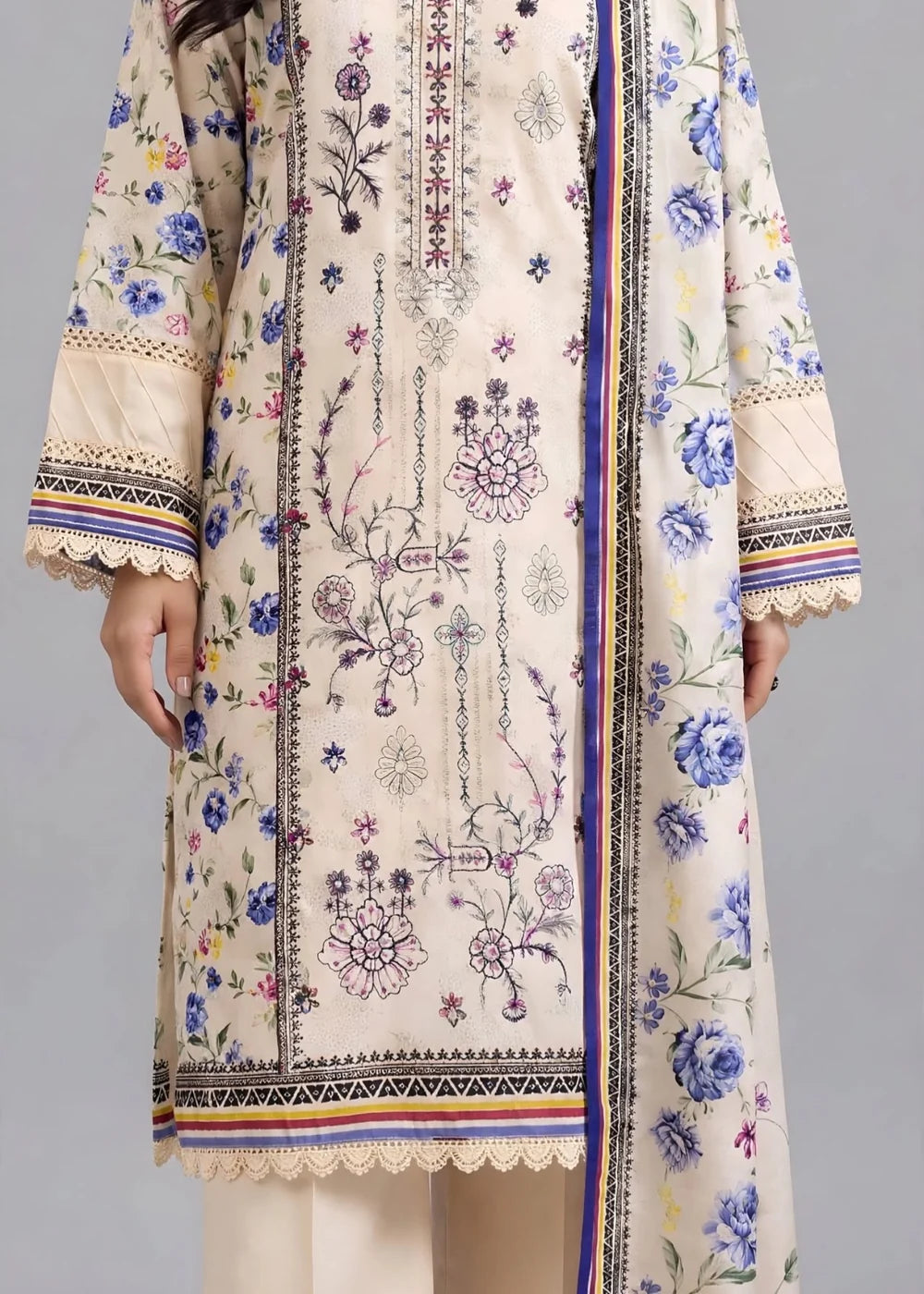 Pakistani Women's Casual Wear 3 pc Printed Embroided Cream Suit | 1502 | Designer Rack