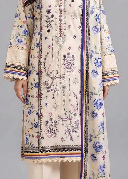 Pakistani Women's Casual Wear 3 pc Printed Embroided Cream Suit | 1502 | Designer Rack