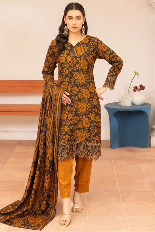 Pakistani Women’s Casual Winter Wear 3-Piece Printed Suit – Dhanak, Brown | 1476 | Designer Rack
