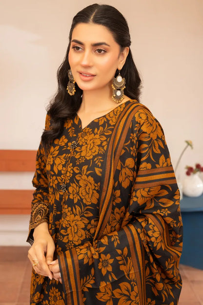 Pakistani Women’s Casual Winter Wear 3-Piece Printed Suit – Dhanak, Brown | 1476 | Designer Rack