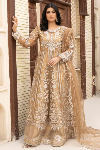 Pakistani Women’s Party Wear Maxi Dress – Organza, Beige | Designer Rack