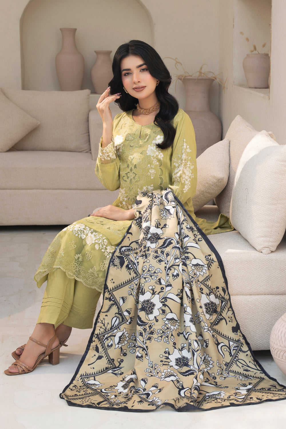 Pakistani Women’s Casual Winter Wear 3-Piece Embroidered  Suit – Dhanak, Light Green | 1478 | Designer Rack