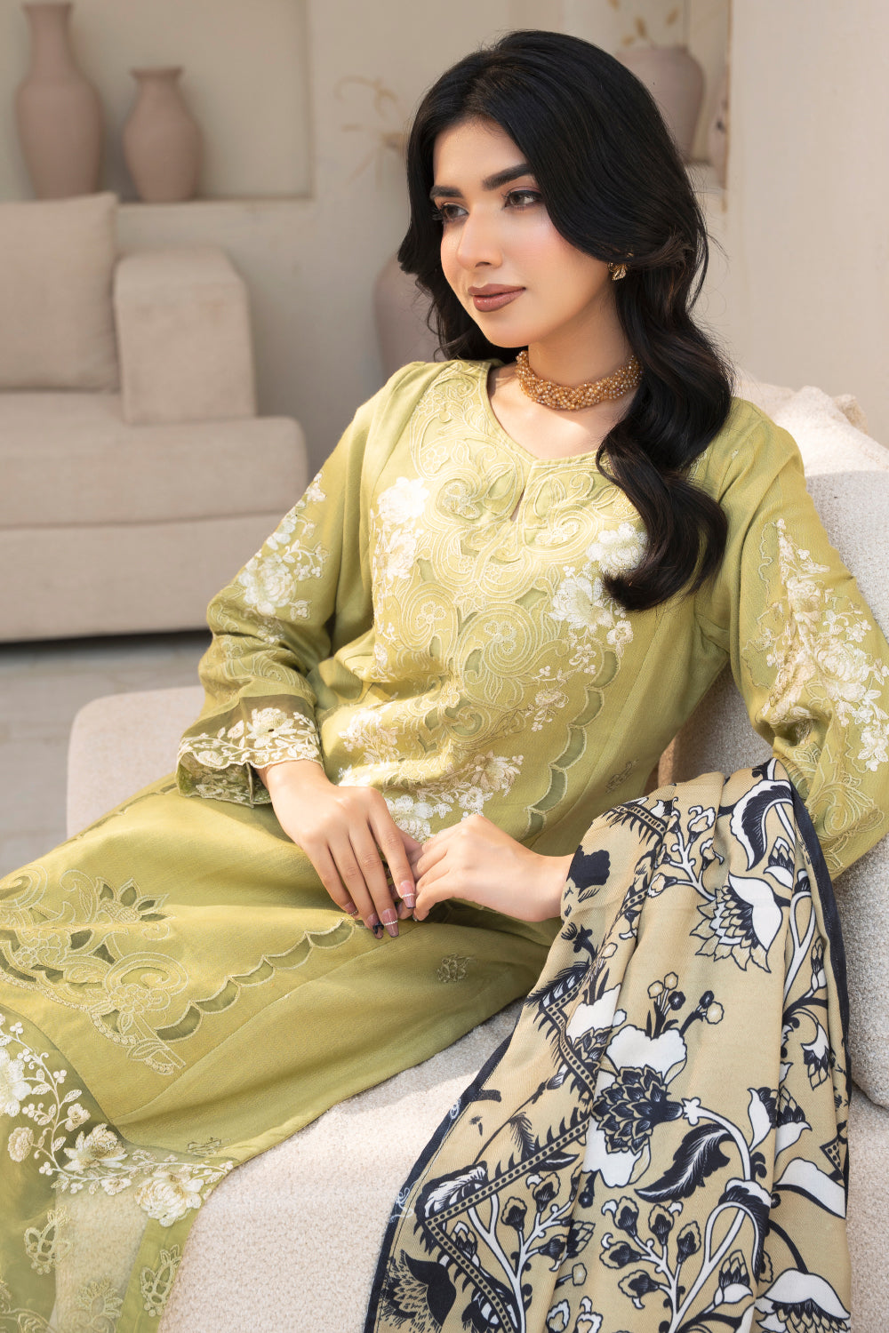 Pakistani Women’s Casual Winter Wear 3-Piece Embroidered  Suit – Dhanak, Light Green | 1478 | Designer Rack