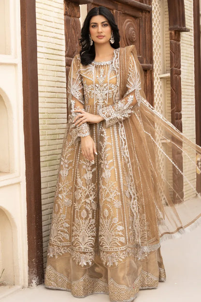 Pakistani Women’s Party Wear Maxi Dress – Organza, Beige | Designer Rack