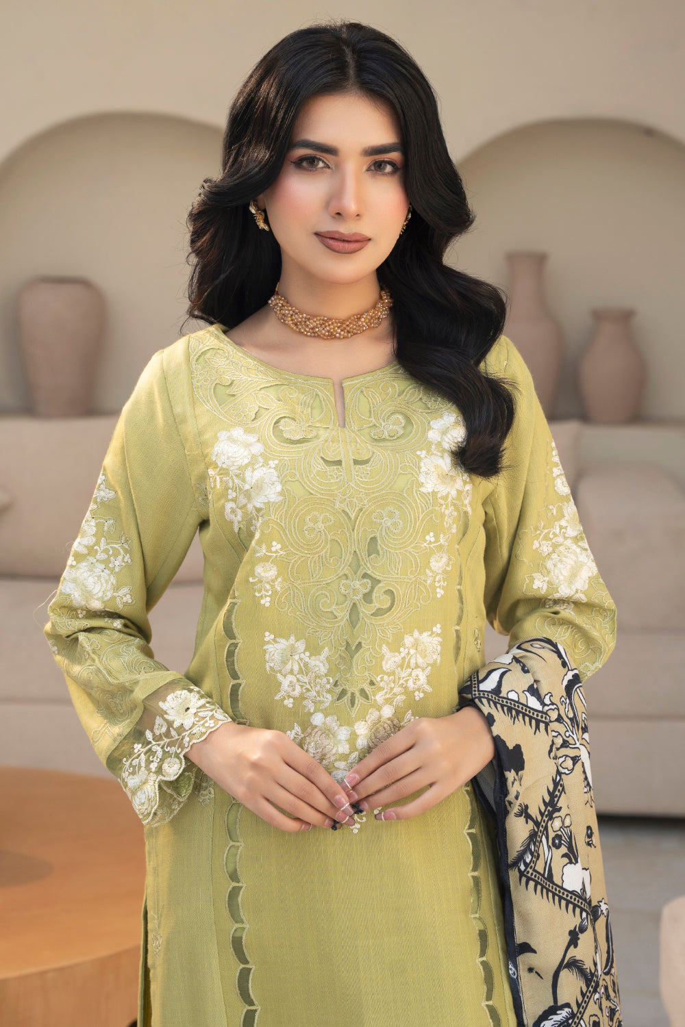 Pakistani Women’s Casual Winter Wear 3-Piece Embroidered  Suit – Dhanak, Light Green | 1478 | Designer Rack