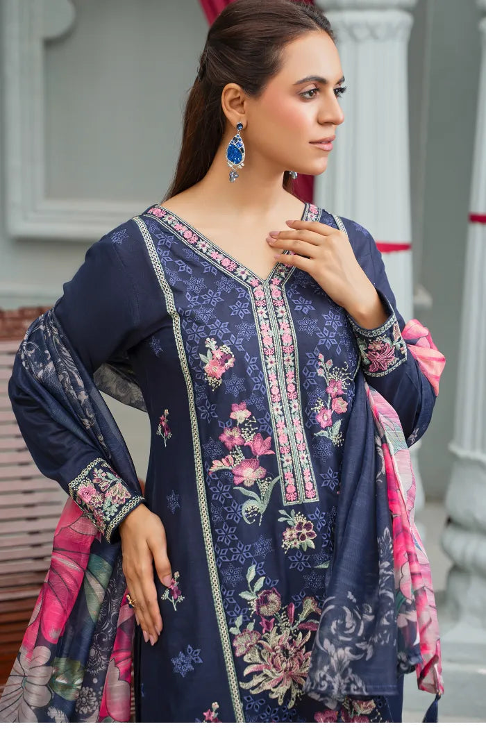 Pakistani Women’s Casual Winter Wear 3-Piece Embroidered  Suit – Dhanak, Blue | 1478 | Designer Rack
