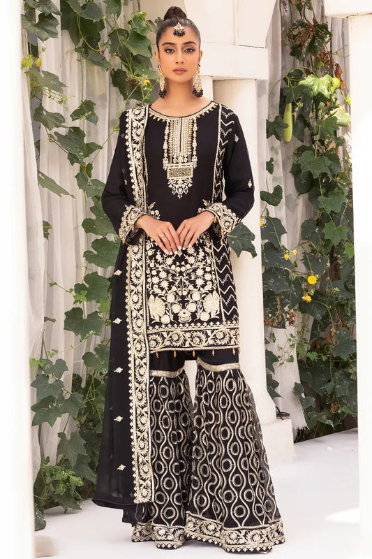 Pakistani ladies Suit Chiffon Gharara Baroque Fashion-1387-Black