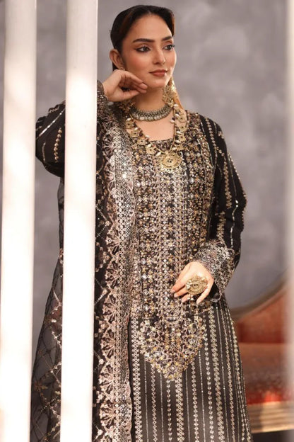 Pakistani Women’s Party Wear 3-Piece Shararah Suit – Chiffon, Black | 1464 | Designer Rack
