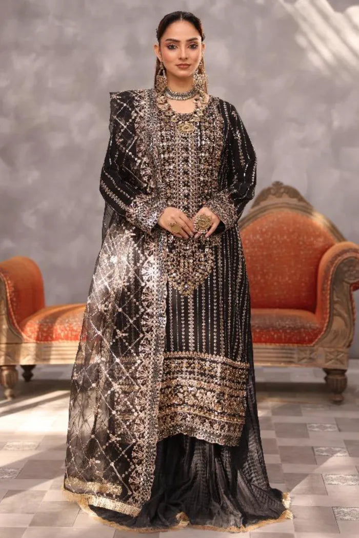 Pakistani Women’s Party Wear 3-Piece Shararah Suit – Chiffon, Black | 1464 | Designer Rack