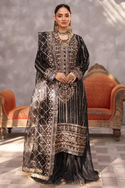 Pakistani Women’s Party Wear 3-Piece Shararah Suit – Chiffon, Black | 1464 | Designer Rack