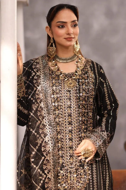 Pakistani Women’s Party Wear 3-Piece Shararah Suit – Chiffon, Black | 1464 | Designer Rack