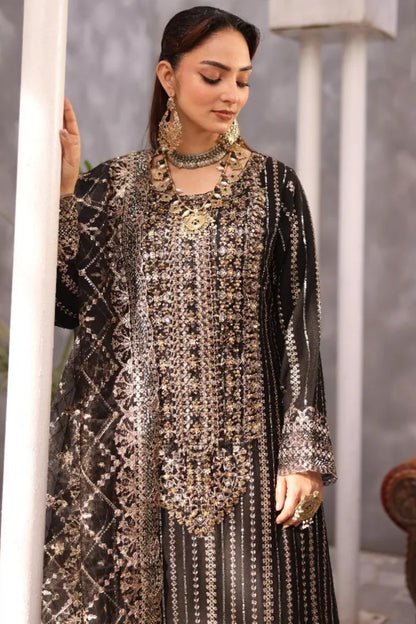 Pakistani Women’s Party Wear 3-Piece Shararah Suit – Chiffon, Black | 1464 | Designer Rack