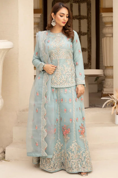 Pakistani Women’s Party Wear Lehenga – Organza, Ice Aqua | Designer Rack