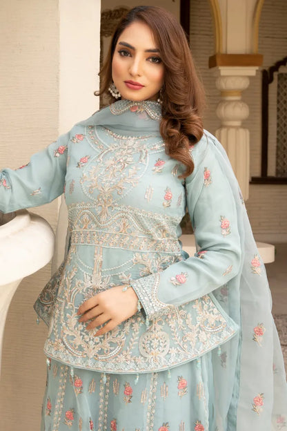 Pakistani Women’s Party Wear Lehenga – Organza, Ice Aqua | Designer Rack
