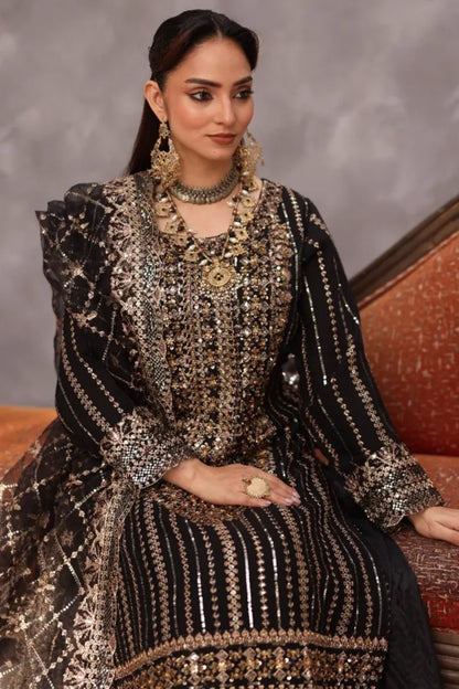 Pakistani Women’s Party Wear 3-Piece Shararah Suit – Chiffon, Black | 1464 | Designer Rack
