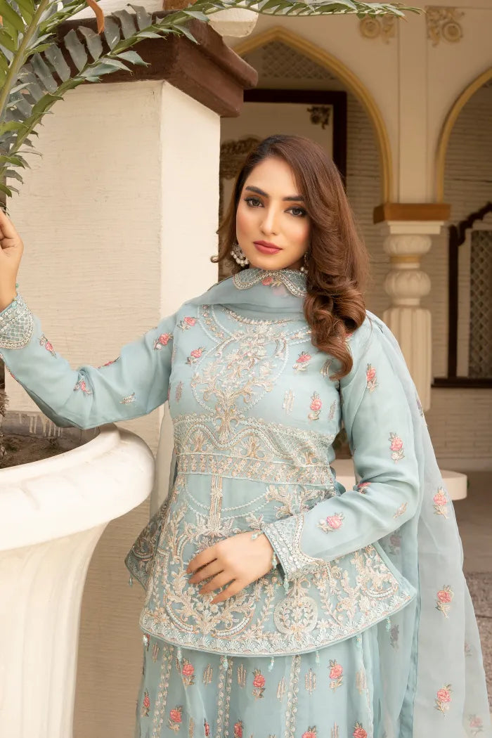Pakistani Women’s Party Wear Lehenga – Organza, Ice Aqua | Designer Rack