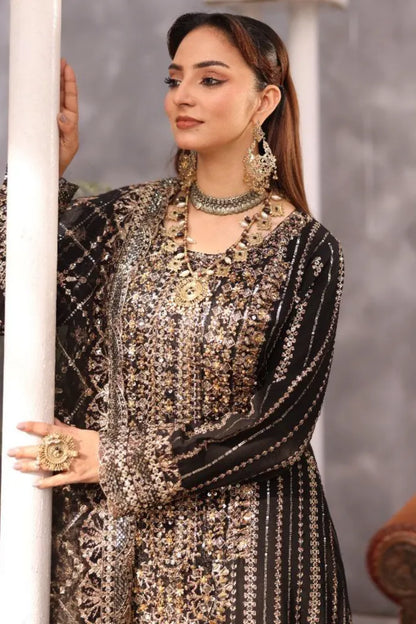 Pakistani Women’s Party Wear 3-Piece Shararah Suit – Chiffon, Black | 1464 | Designer Rack