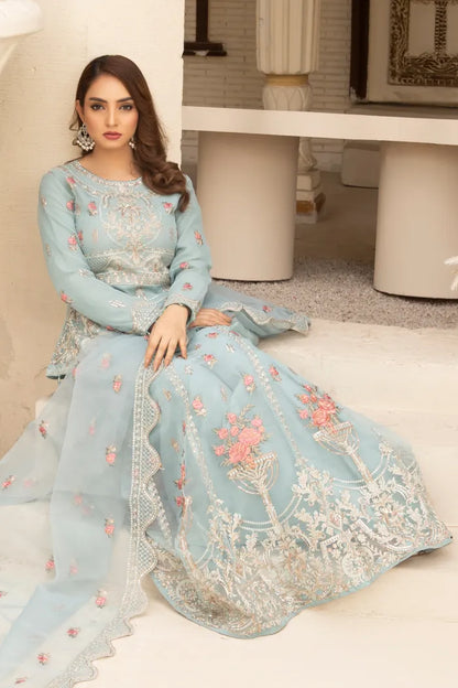 Pakistani Women’s Party Wear Lehenga – Organza, Ice Aqua | Designer Rack