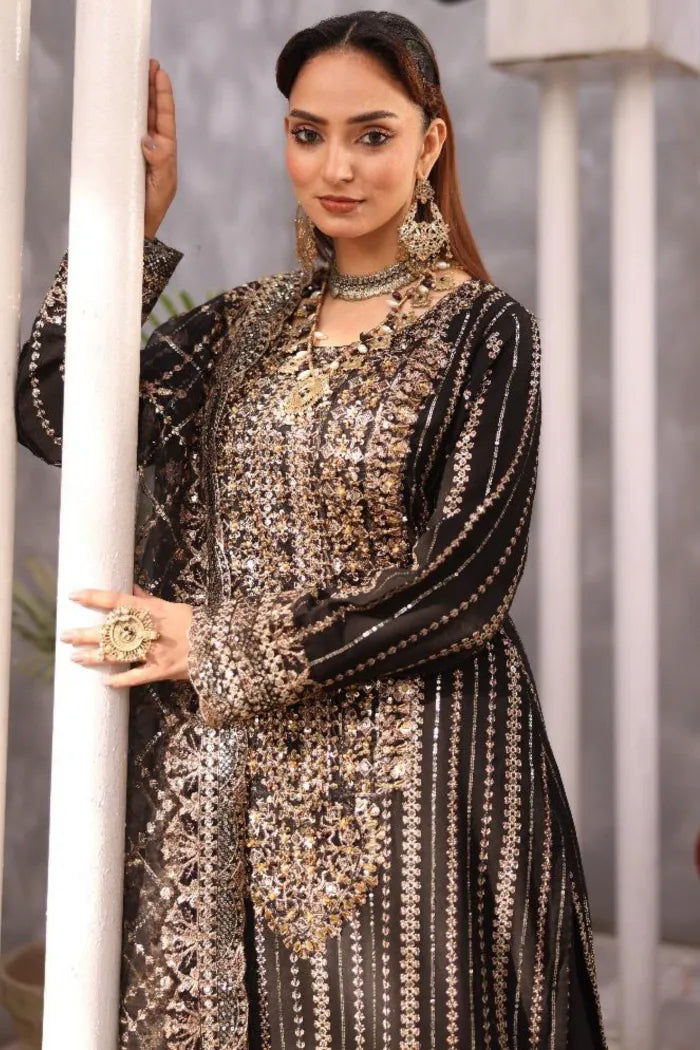 Pakistani Women’s Party Wear 3-Piece Shararah Suit – Chiffon, Black | 1464 | Designer Rack