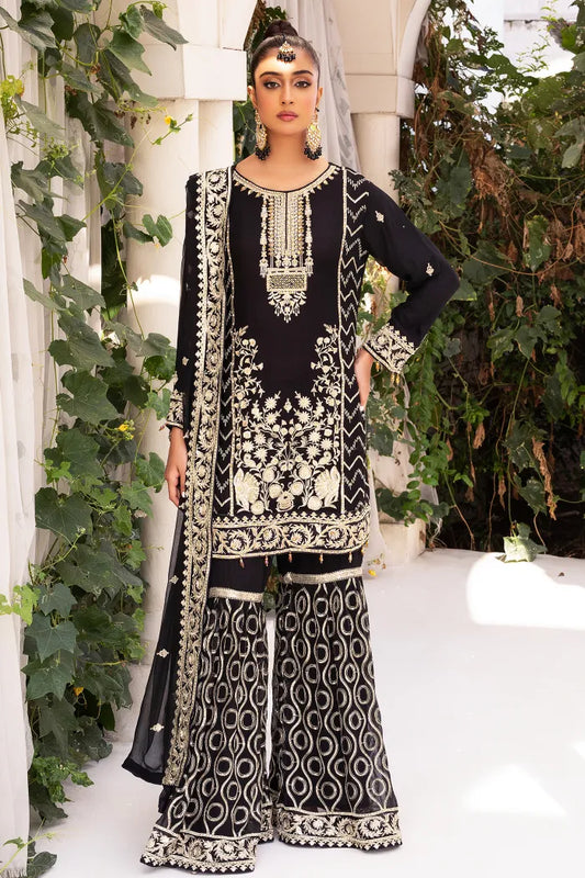 Pakistani ladies Suit Chiffon Gharara Baroque Fashion-1387-Black