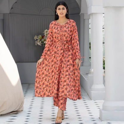 Dhanak Floral Printed Women Wear Frock Co-Ord-1451-Pink