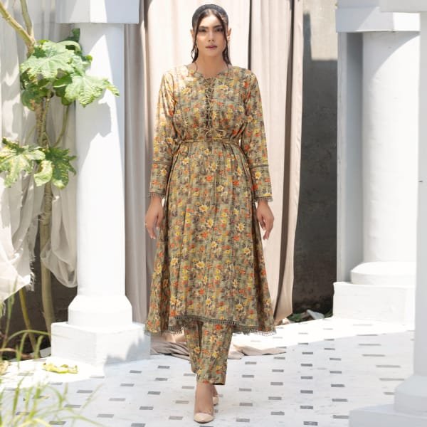 Dhanak Floral Printed Women Wear Frock Co-Ord-1451-Golden