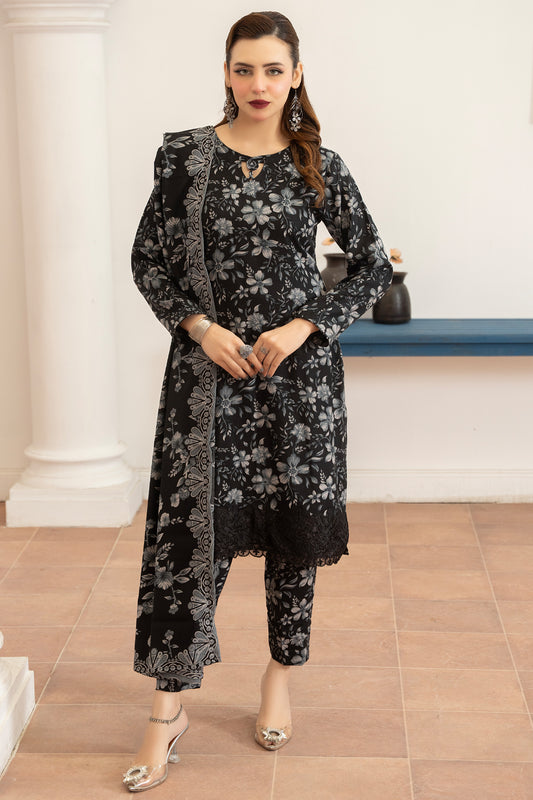 Pakistani Women’s Casual Winter Wear 3-Piece Printed Suit – Dhanak, Black | 1476 | Designer Rack