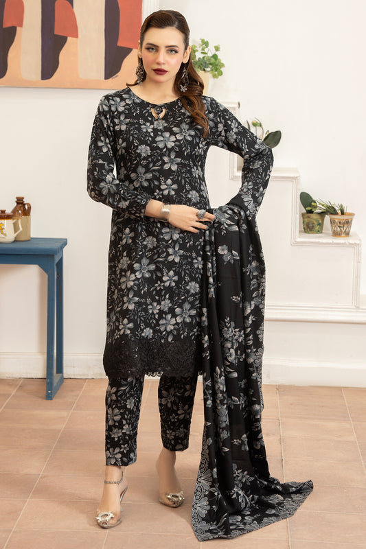 Pakistani Women’s Casual Winter Wear 3-Piece Printed Suit – Dhanak, Black | 1476 | Designer Rack