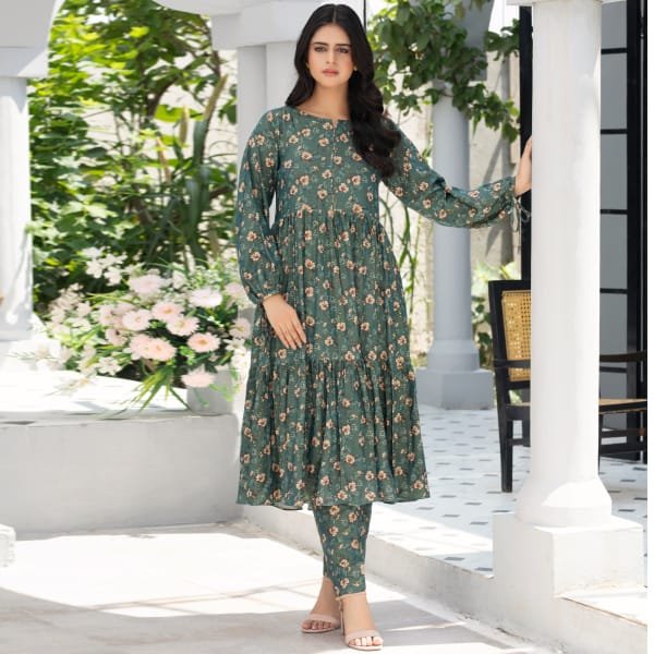Dhanak Floral Printed Women Wear Frock Co-Ord-1451-Green