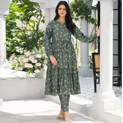 Dhanak Floral Printed Women Wear Frock Co-Ord-1451-Green