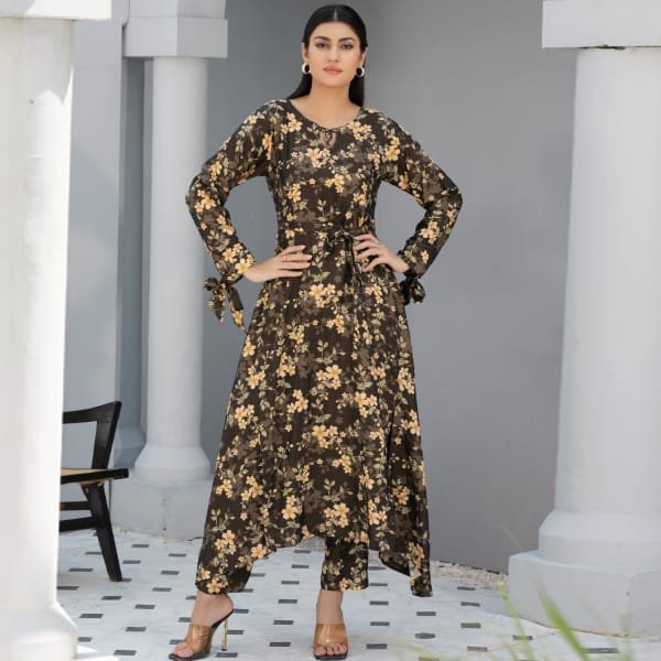 Dhanak Floral Printed Women Wear Frock Co-Ord-1451-Dk Green