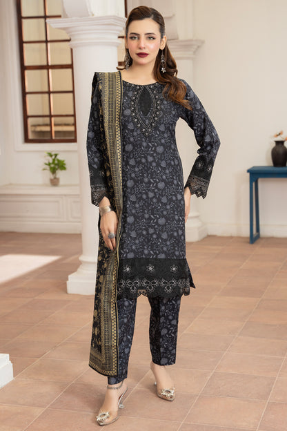 Pakistani Women’s Casual Winter Wear 3-Piece Printed Suit – Dhanak, Black | 1476 | Designer Rack