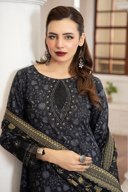 Pakistani Women’s Casual Winter Wear 3-Piece Printed Suit – Dhanak, Black | 1476 | Designer Rack