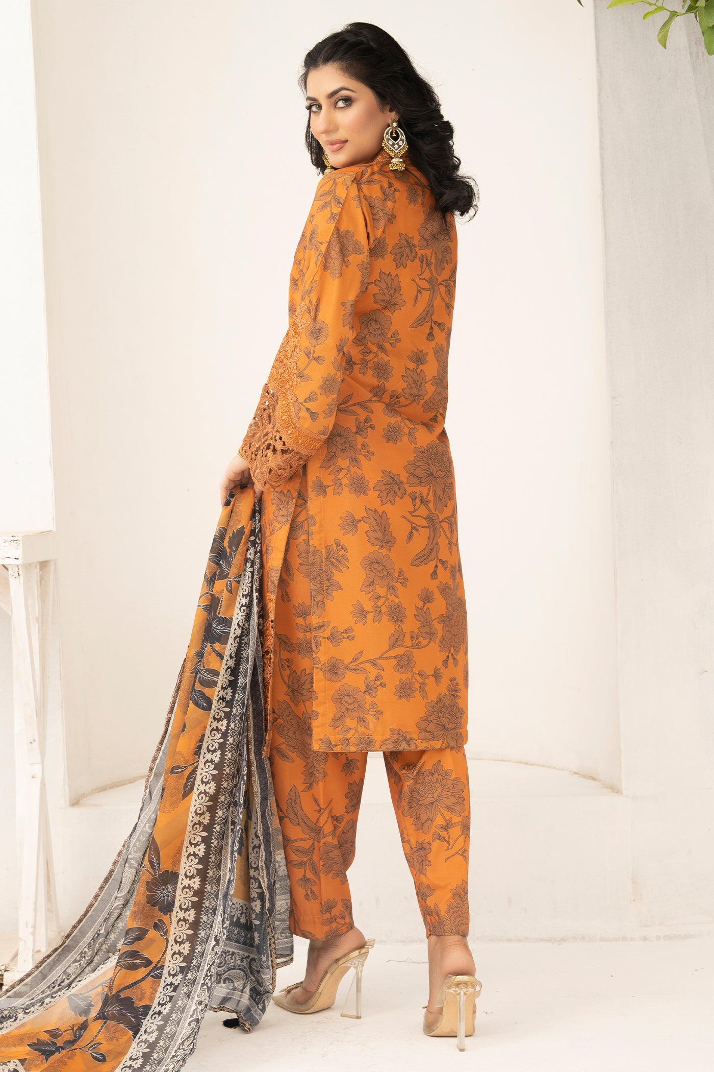 Pakistani Women’s Casual Wear 3-Piece Suit – Silk, Mustard | 1471 | Designer Rack