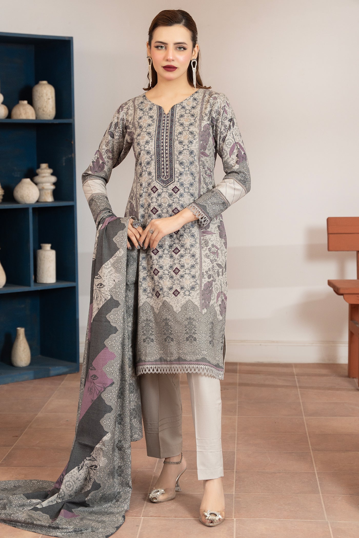 Pakistani Women’s Casual Winter Wear 3-Piece Embroidered Suit – Dhanak, Brown | 1477 | Designer Rack Gray
