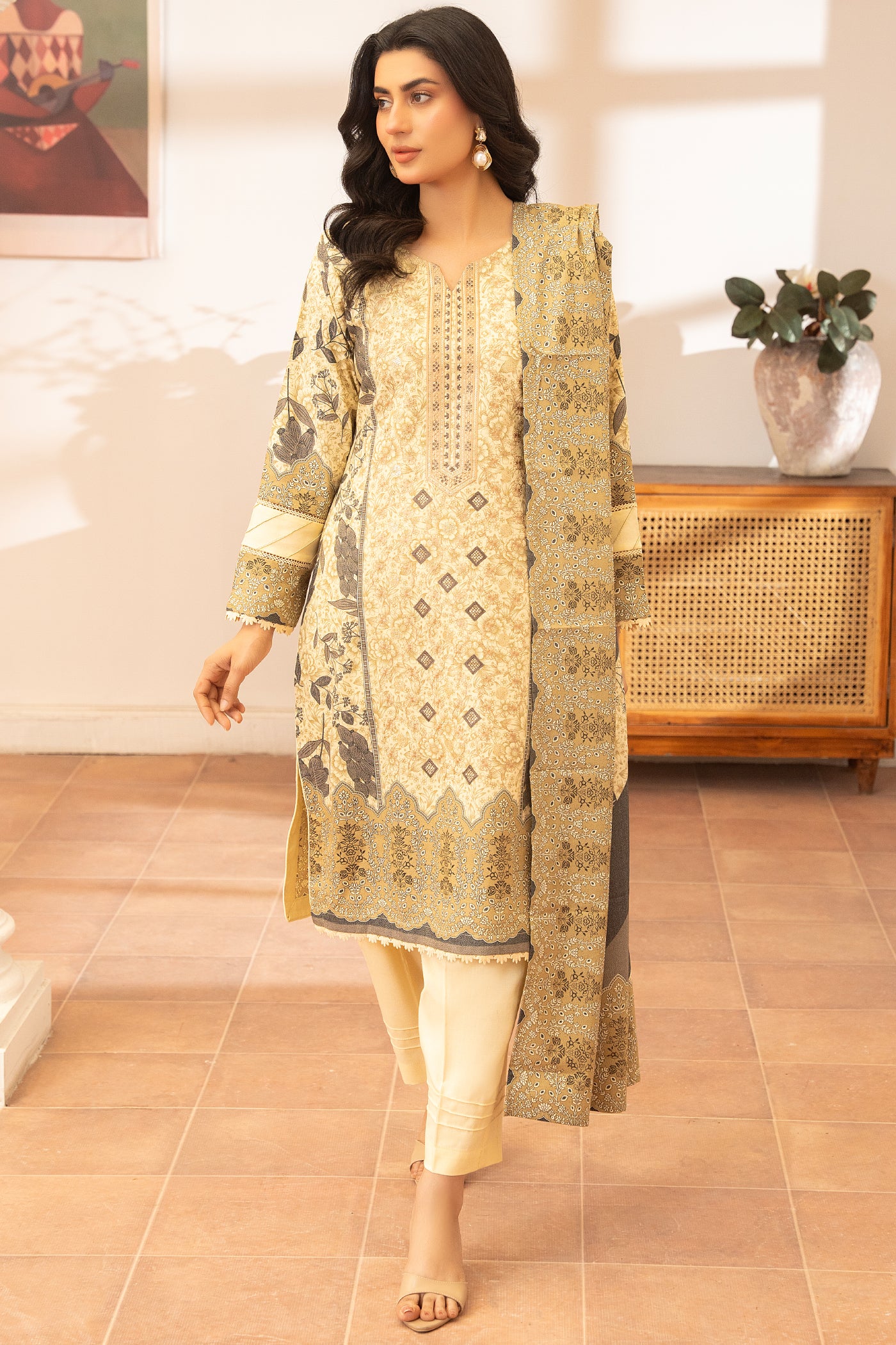 Pakistani Women’s Casual Winter Wear 3-Piece Embroidered  Suit – Dhanak, Beige | 1477 | Designer Rack