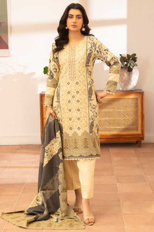 Pakistani Women’s Casual Winter Wear 3-Piece Embroidered Suit – Dhanak, Beige | 1477 | Designer Rack