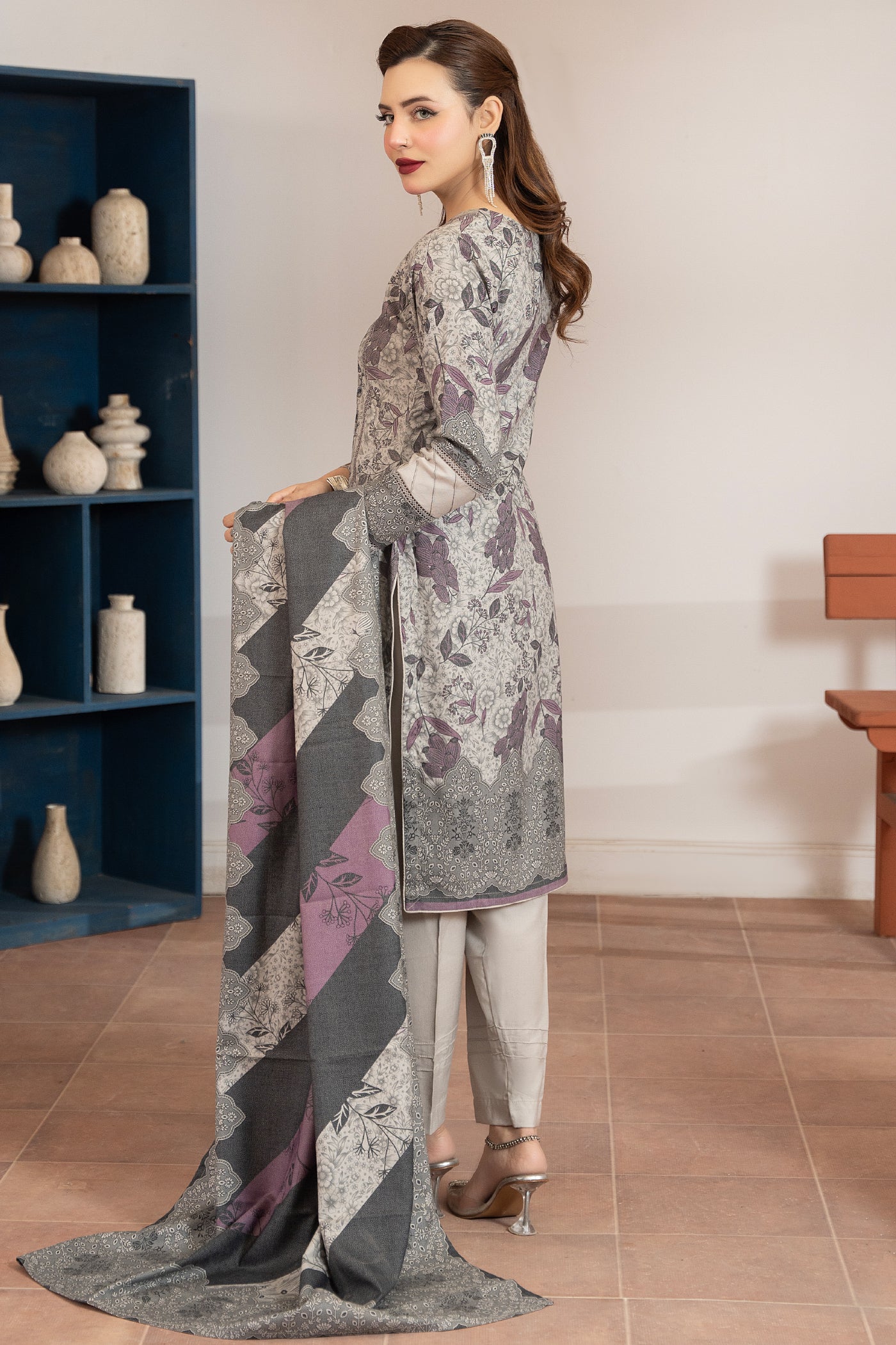 Pakistani Women’s Casual Winter Wear 3-Piece Embroidered Suit – Dhanak, Brown | 1477 | Designer Rack Gray