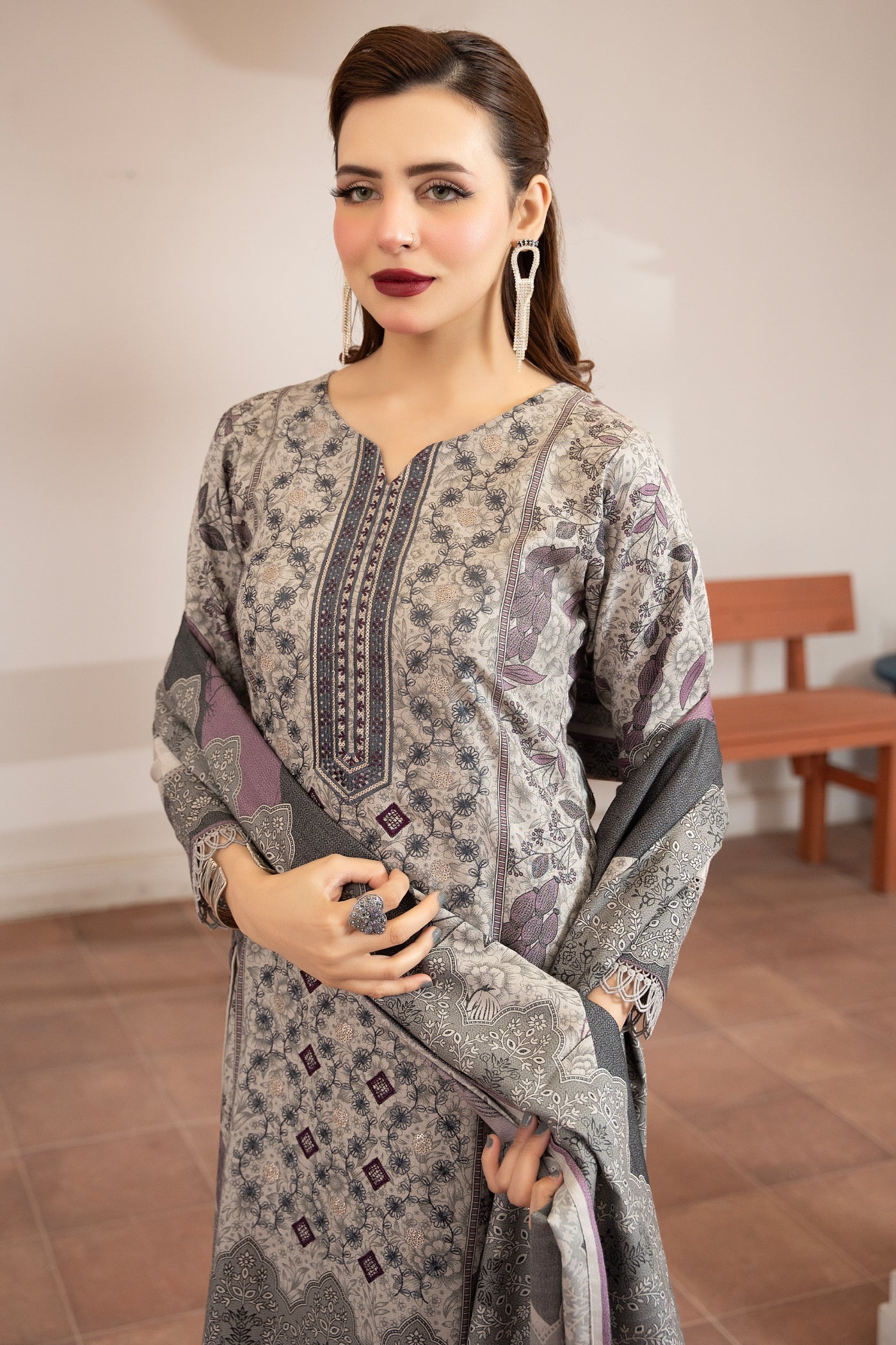 Pakistani Women’s Casual Winter Wear 3-Piece Embroidered Suit – Dhanak, Brown | 1477 | Designer Rack Gray