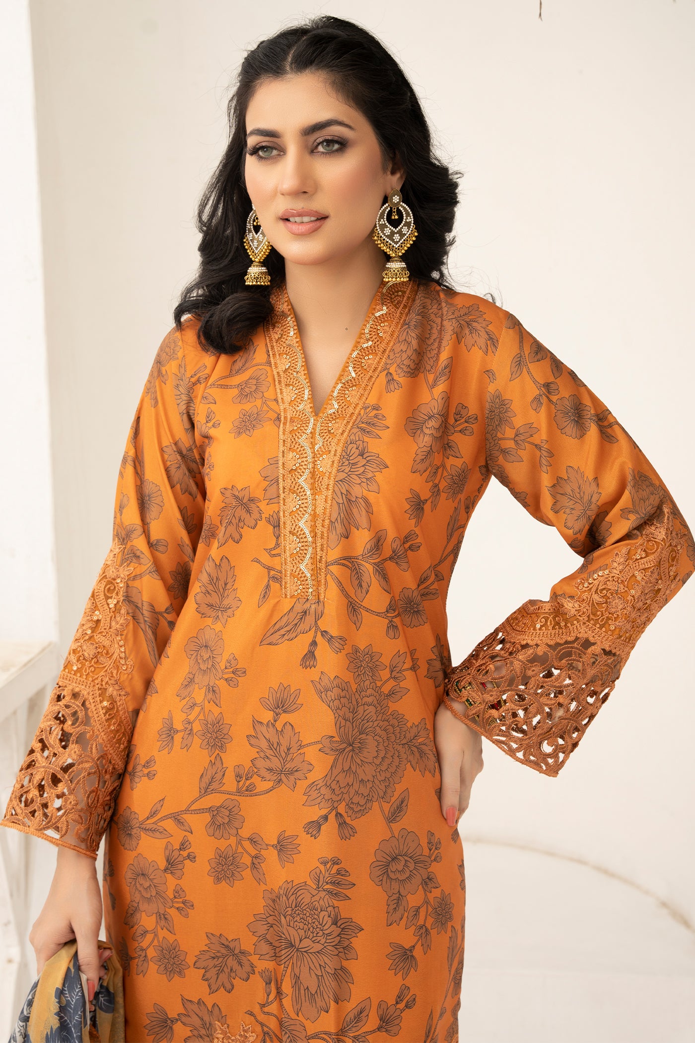 Pakistani Women’s Casual Wear 3-Piece Suit – Silk, Mustard | 1471 | Designer Rack