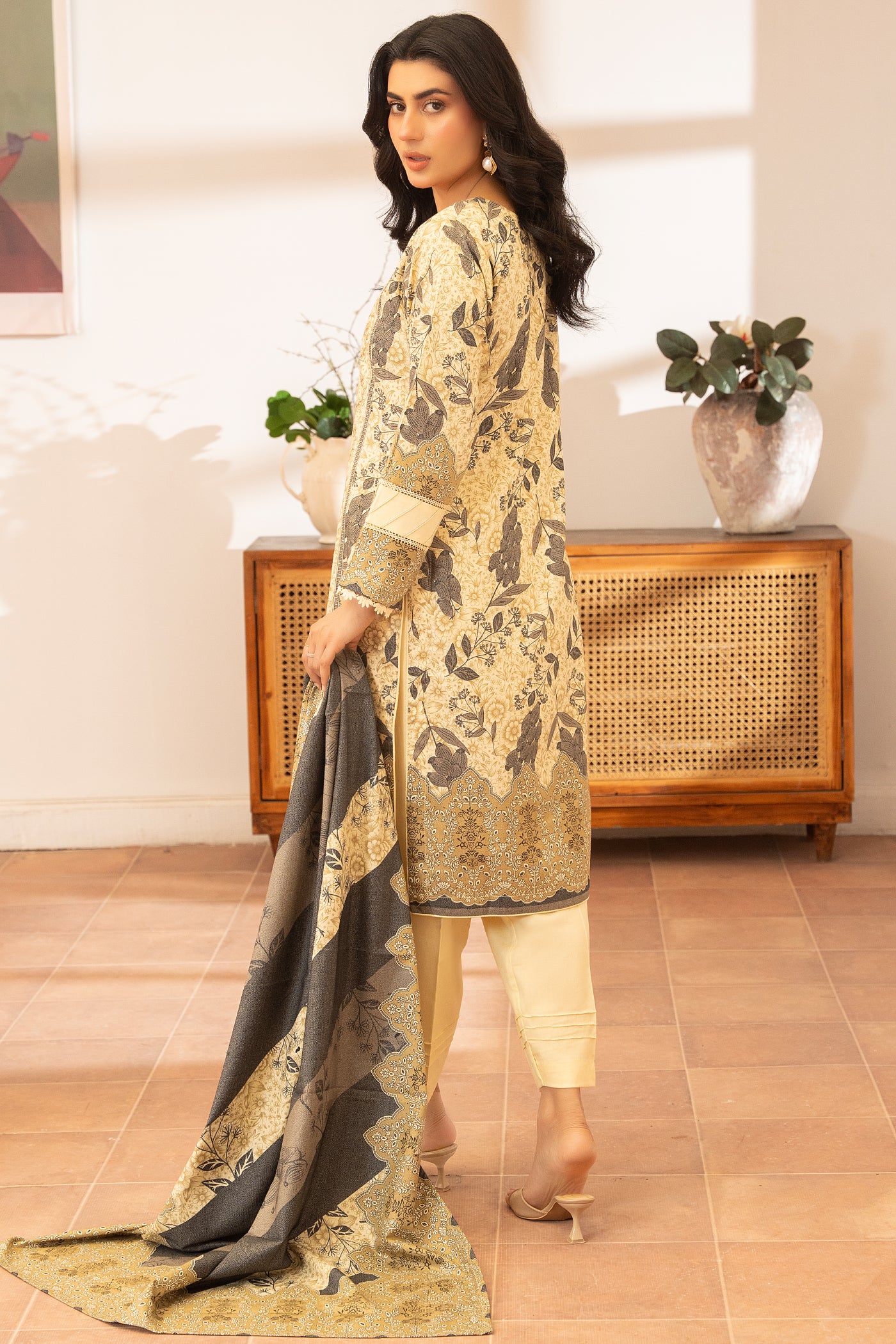 Pakistani Women’s Casual Winter Wear 3-Piece Embroidered  Suit – Dhanak, Beige | 1477 | Designer Rack