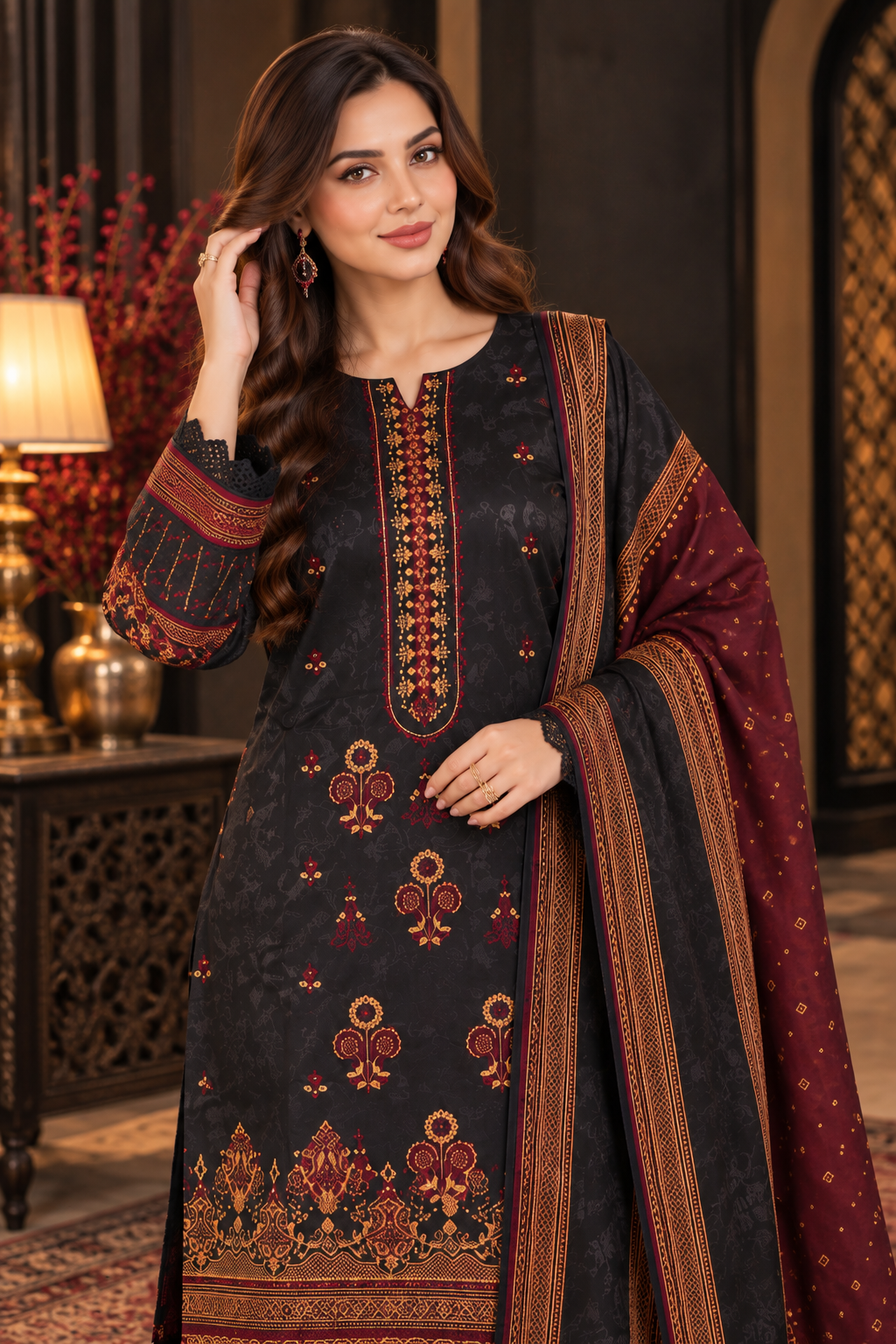Pakistani Women's Casual Wear 3 pc Printed Embroided Black  Suit | 1502 | Designer Rack