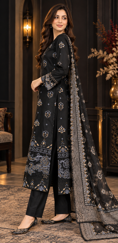 Pakistani Women's Casual Wear 3 pc Suit Linen Black | 1500 | Designer Rack